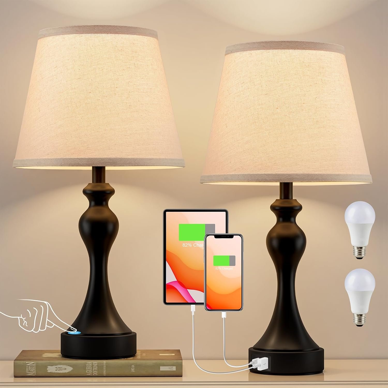 Touch Lamps for Nightstand, 3 Way Dimmable Bedside Lamps with USB C+A Ports | Touch Control, LED Bulb Included, Small Black Table Lamp for Bedroom, Night Stands, End Table, Gift，Corded