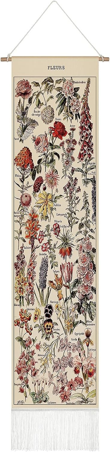 Tegeme Vintage Tapestry 52 x 13 Inch, Long Vertical Wall Hanging Reference Illustrative Botanical Tassel Tapestry for Bedroom Living Room Home Decoration(Flower)
