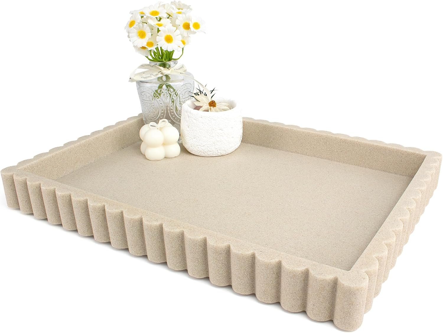 Decorative Tray for Coffee Table, Modern Tray Decor, 14″ Beige Resin | Scalloped Coffee Table Tray for Home Decor. Large Rectangle Tray Decor for Entryway, Living Room, Coffee Table Centerpiece