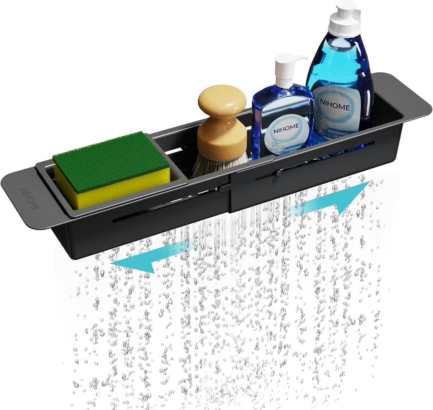 NiHome Extendable Kitchen Sink Caddy, Small Brush Sponge Storage Holder | Expandable Kitchen In Sink Organizer for Brush & Sponge with Drainage, Adjustable Length, Non-Slip Pads, Durable ABS (Black)