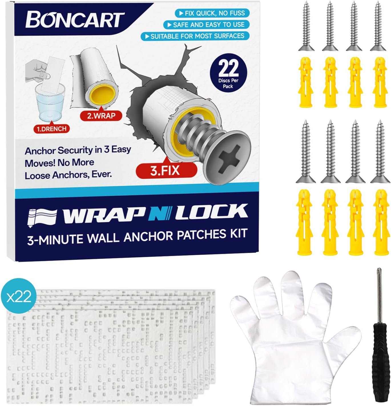 WRAPNLOCK Drywall Anchor Repair Kit – Fast Loose Anchor Fix | No Fill/Redrill. Includes 22 Patches, Screws, Anchors, Screwdriver & Gloves. Perfect For Home Fittings.