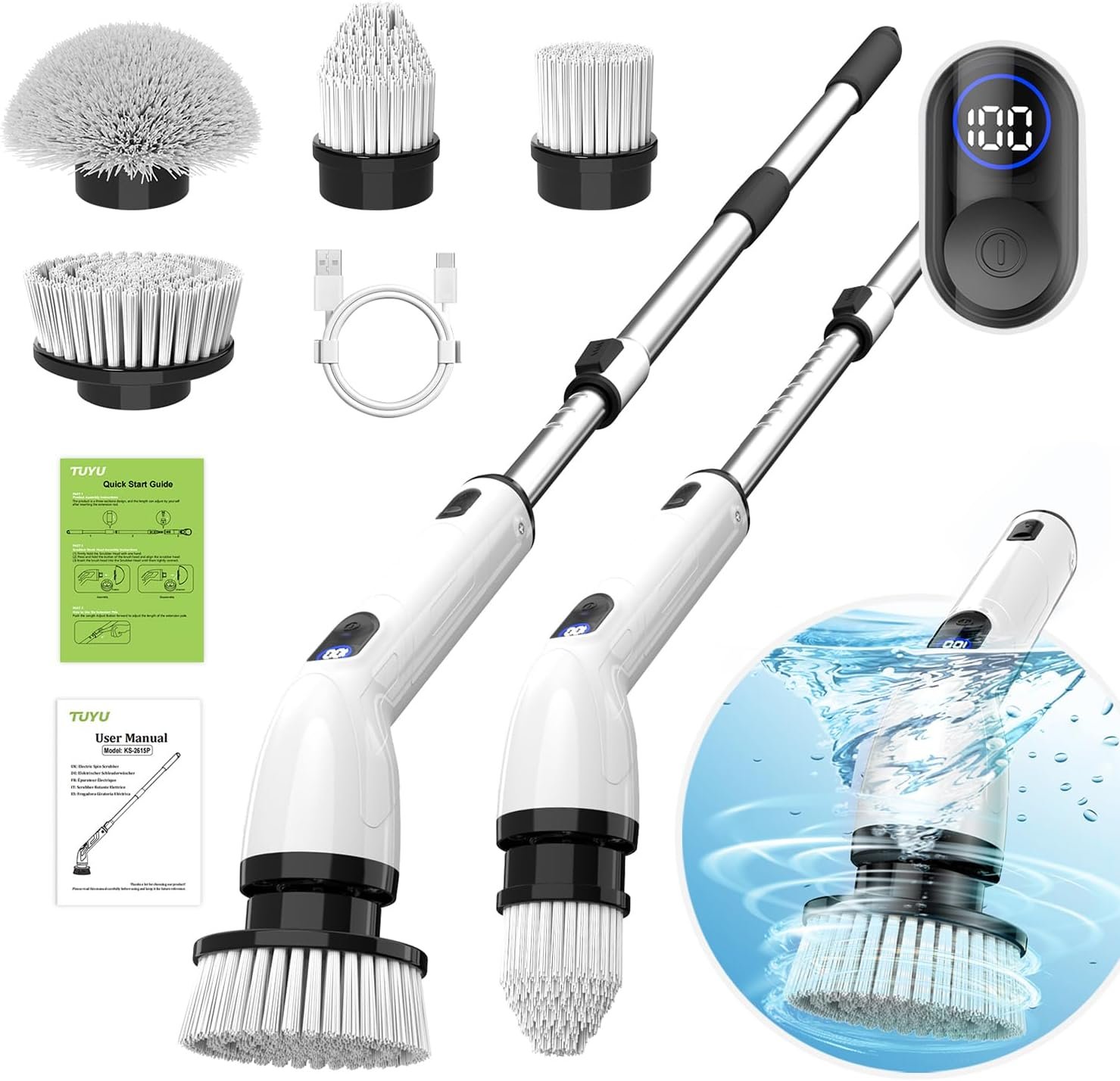 TUYU Electric Spin Scrubber, Cordless Cleaning Brush for Bathroom,Home | IPX7 waterproof power scrubber with LCD display, multi heads, extendable handle, 90min runtime for bathroom kitchen glass car
