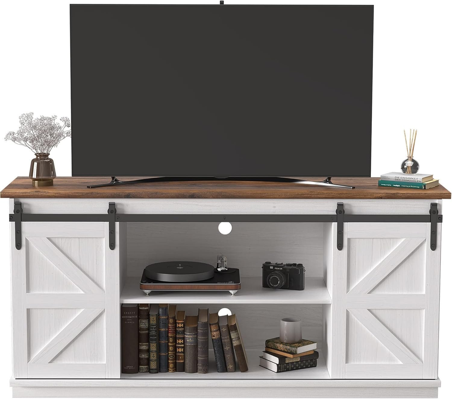 JUMMICO TV Stand for 65 Inch TV, Sliding Barn Doors, Bright White | Farmhouse Entertainment Center, Storage Cabinets, Adjustable Shelves, Media Console for Living Room, Bedroom