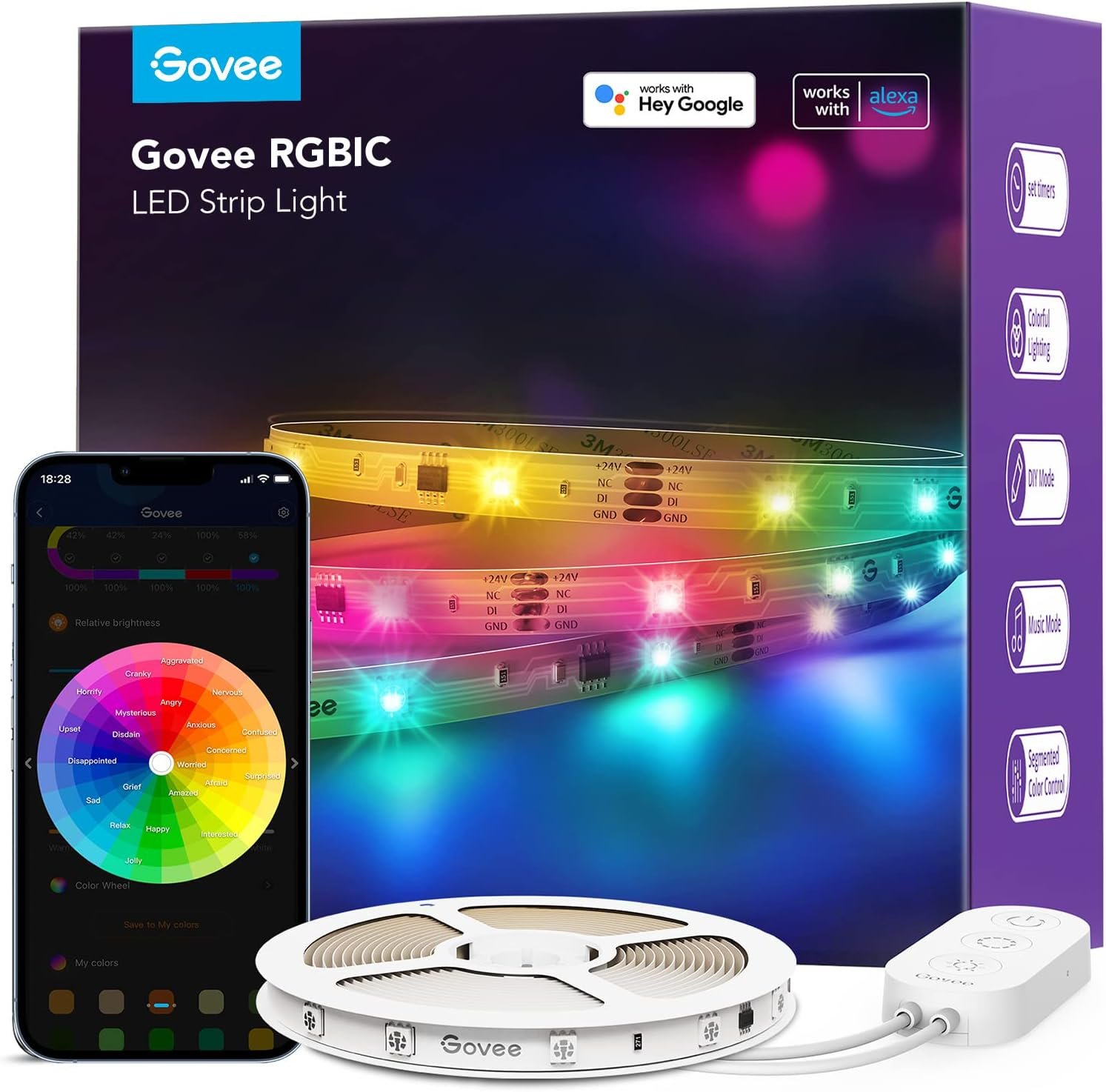 Govee 32.8ft RGBIC LED Strip Lights, Work with Alexa and Google Assistant | LED Lights for Bedroom, WiFi App Control Segmented DIY Multiple Colors, Color Changing Light for Home Room, Kitchen, Desk