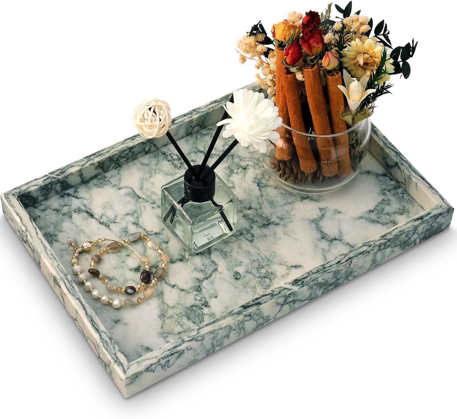Marble Bathroom Tray,Pure Natural Vanity Tray | Marble Tray for Kitchen Counter Non-Ceramic/Non-Resin,Stone Trays 12 x 8 inch Cyan Green