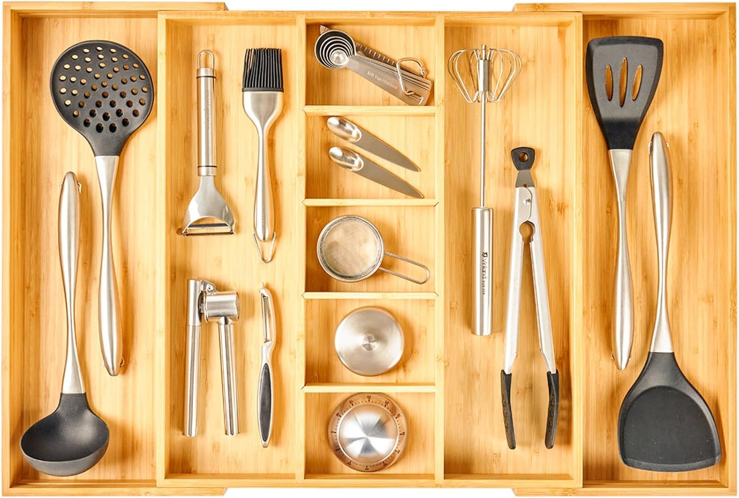 Extra Large Expandable Kitchen Drawer Organizer for Utensil and Junk, 19″ Deep for Big Drawer, 17″ to 28″ Adjustable Bamboo Wood Drawer Divider, Cutlery Tray, Flatware Holder