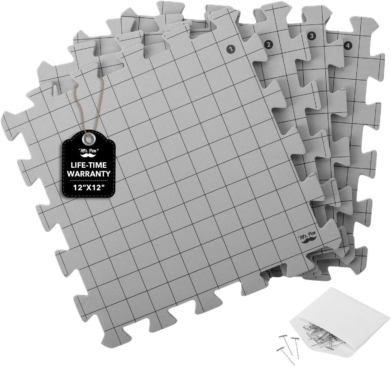 Mr. Pen- Interlocking Blocking Mats, 12” x 12”, 4 Pack with 50 T-Pins | For Knitting & Crochet Projects, Foam Board Design, Includes Pins for Yarn Craft Blocking