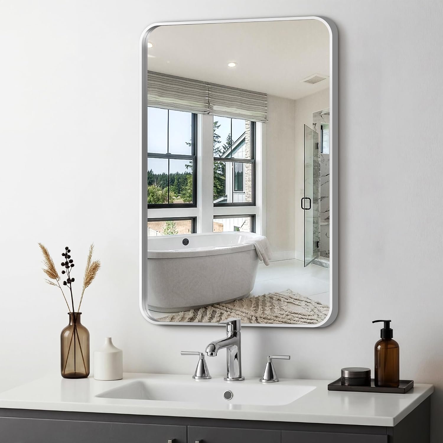 Bathroom Vanity Mirror, Silver Framed Mirror for Over Sink, 30×20 | HD glass, distortion-free for makeup and grooming, Sturdy frame, all mounting hardware, hangs horizontal or vertical