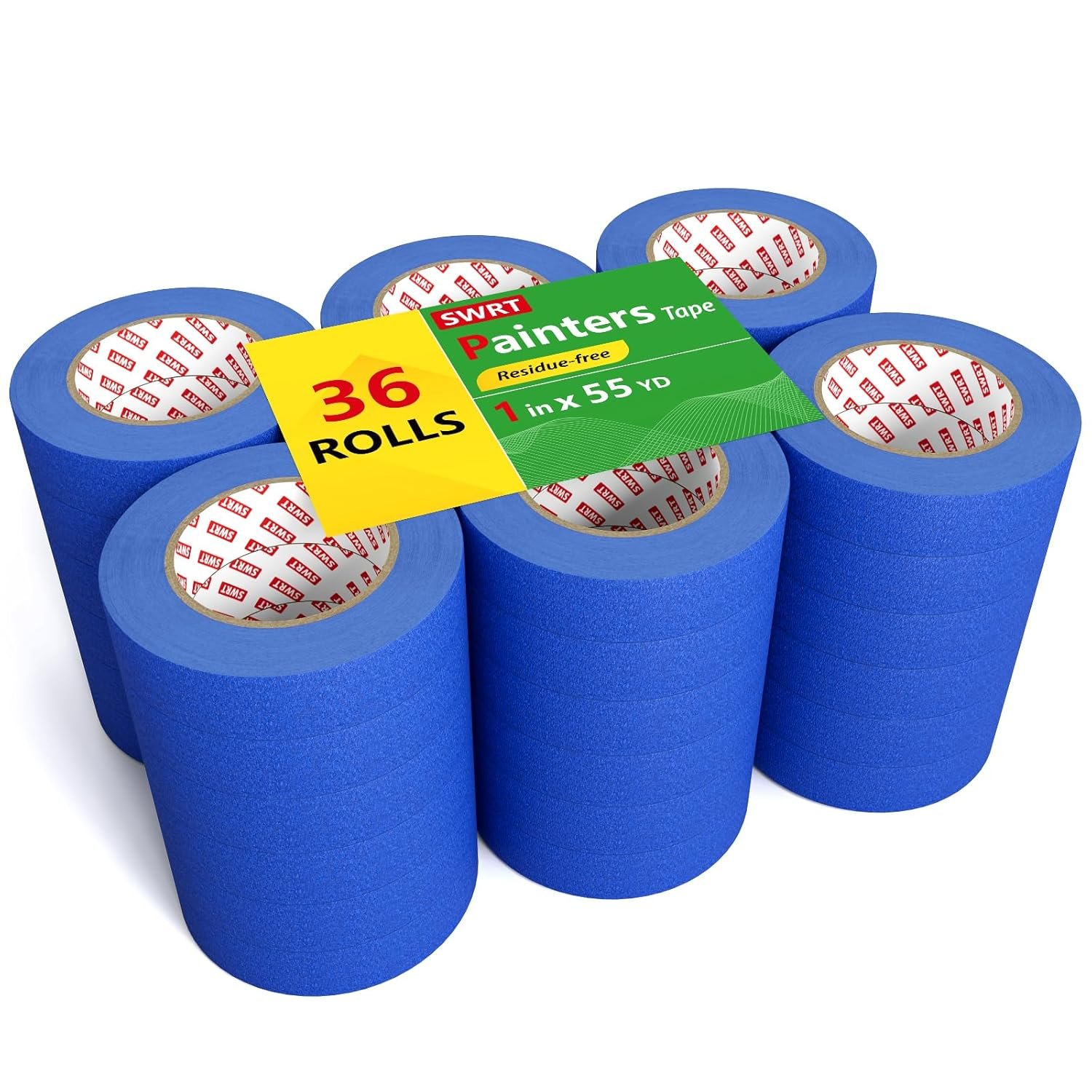 SWRT Blue Painters Tape 1 Inch x 55 Yards, 36 Rolls (1980 Yards) – Sharp Clean Paint Lines, No-Residue Painters Tape for Walls, Trim & Baseboards, Easy Removal Masking Tape for Home Projects