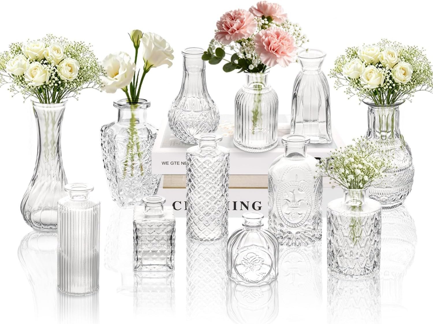 Clear Glass Bud Vase Set of 12 Pcs,Small Bud Vases in Bulk,Glass Crystal Flower Vases Table Centerpieces for Party Event Wedding Decor Baby Shower Decorations (Clear, 12 Pcs)