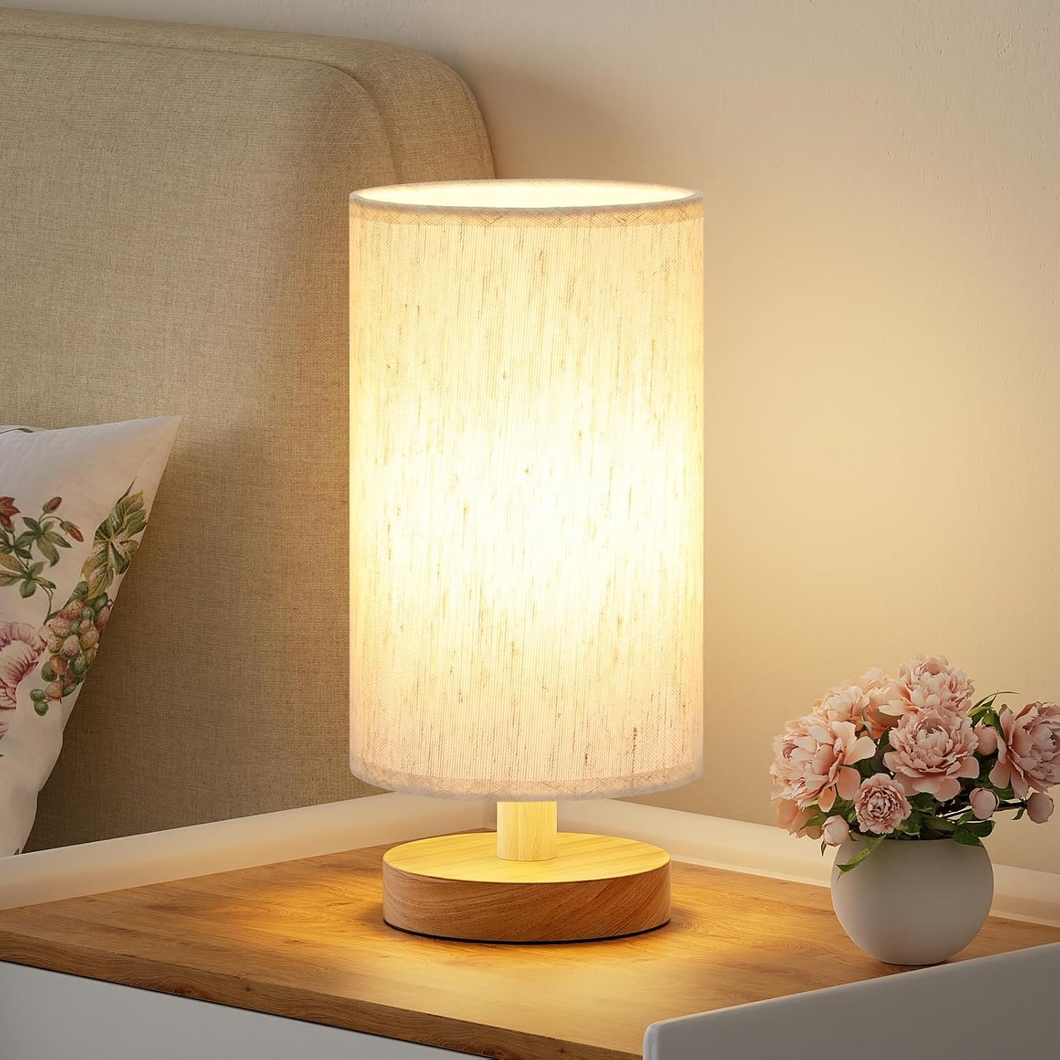 9″ Small Table Lamp for Bedroom – Inline Control with 3000K Blub | Cream Shade and Wood Base | 680 Lumens | Easy Assembly | Minimalist Design | E26 | for Kitchen | for Kids Room