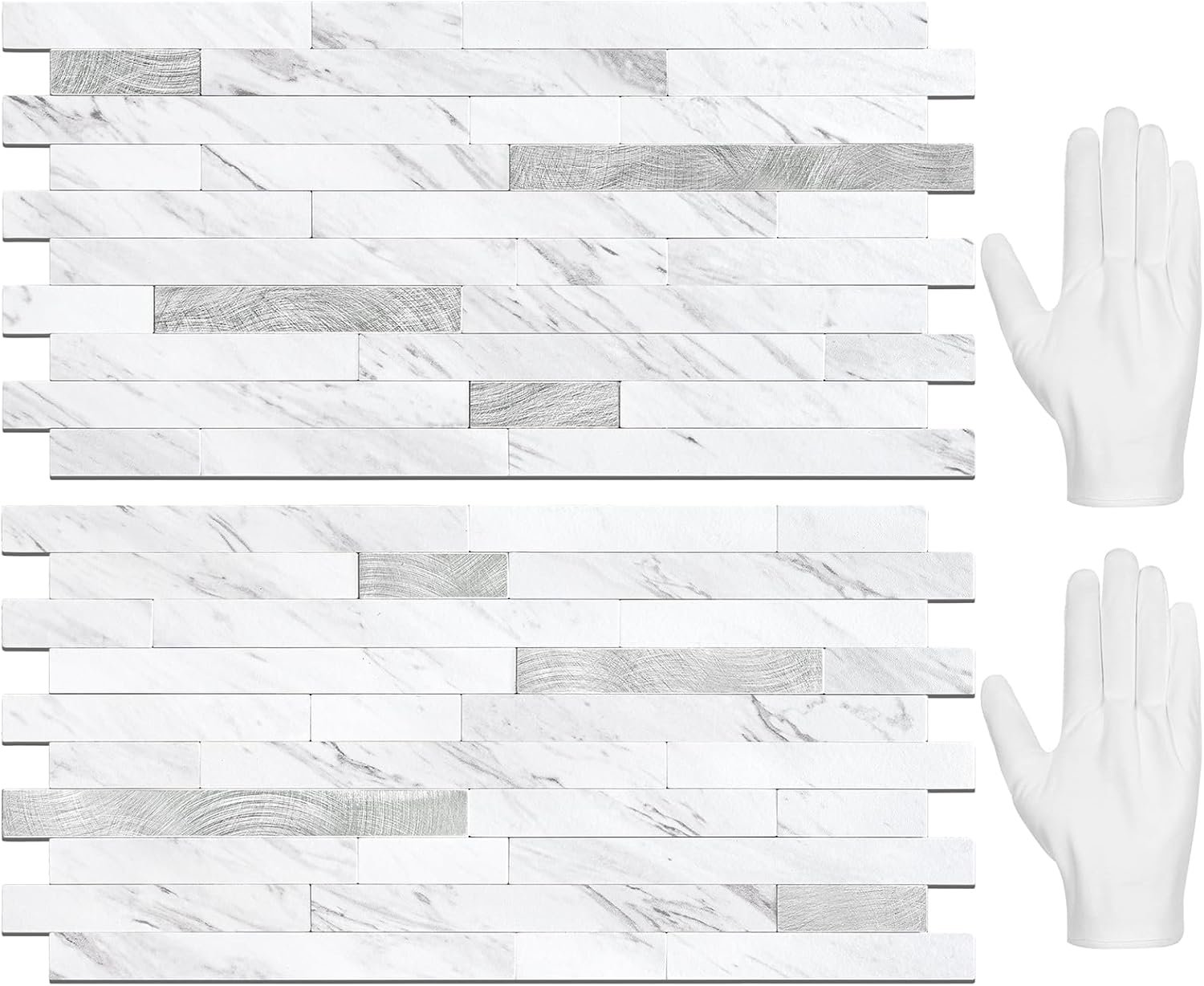 STICKGOO 20 Sheets Peel and Stick Backsplash Tile, Stick on Backsplash for Kitchen and Bathroom, White Marble Look PVC Mixed Metal Silver Self Adhesive Wall Tiles