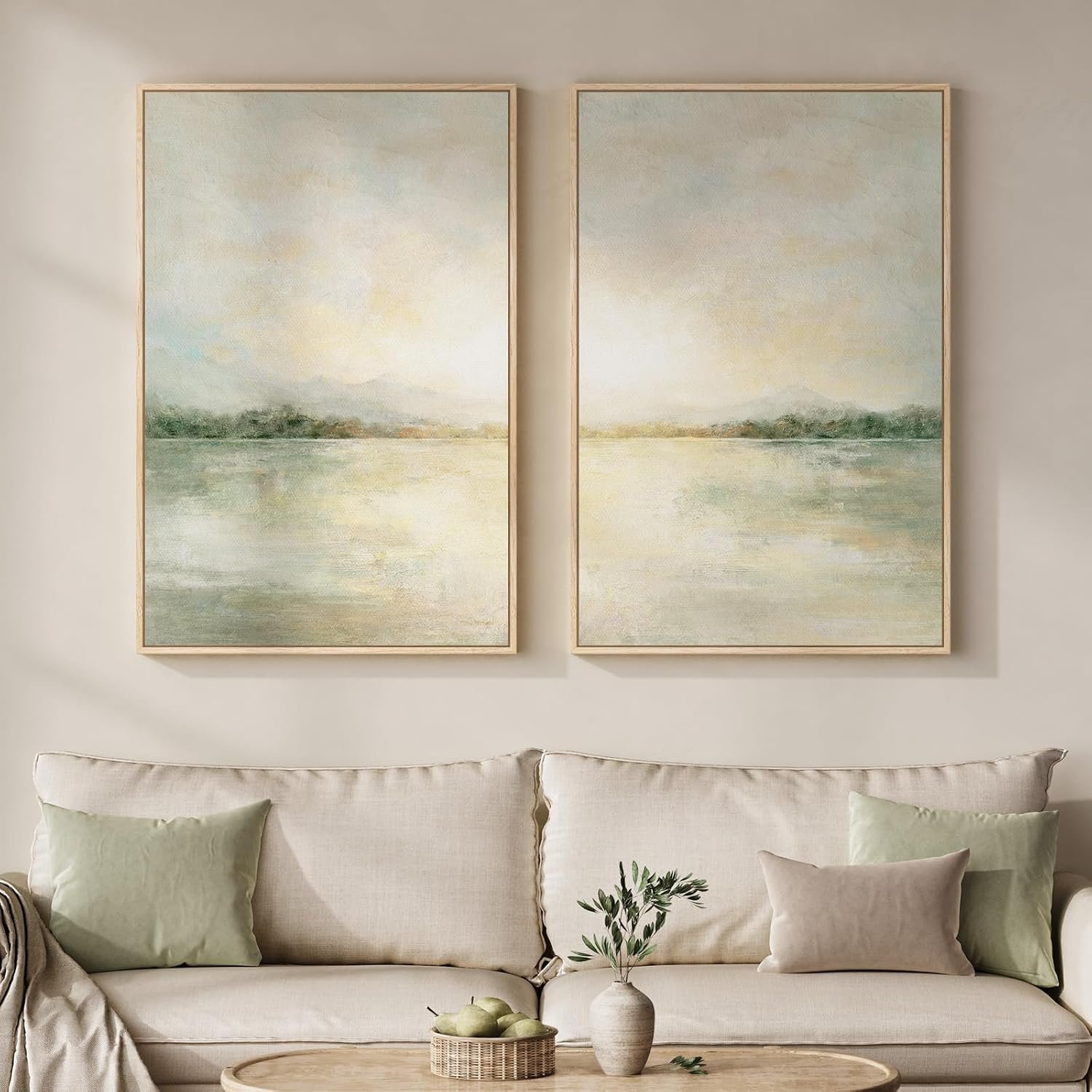 mxart Framed Sage Green Abstract Wall Art for Living Room, Large Set of 2 Abstract Landscape Canvas Artwork for Walls, Minimalist Painting Print for Bedroom Dining Room Office Hallway Wall Decor, 24×36 Inch
