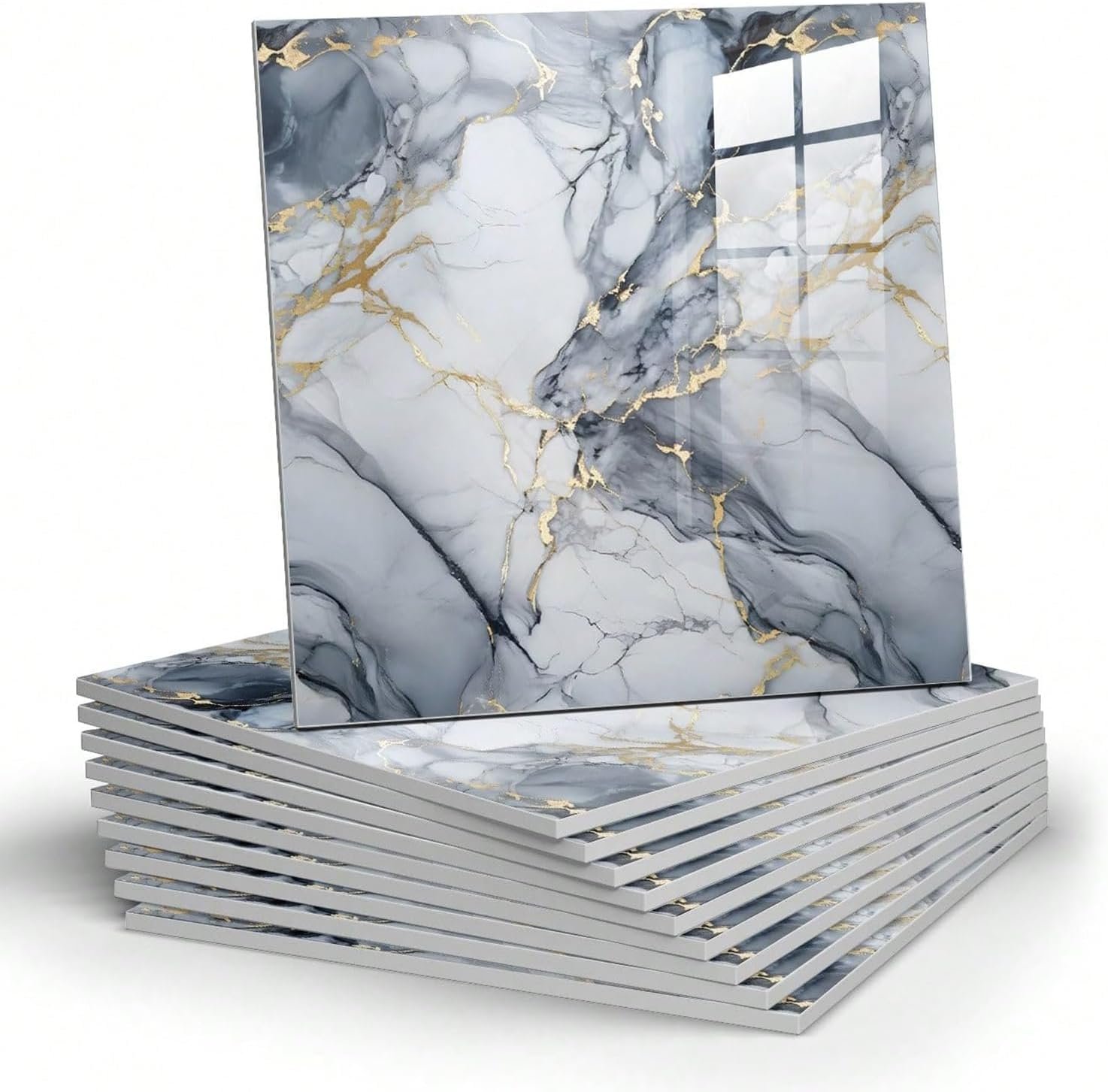 Chejiaye 10pcs Marble Peel and Stick Backsplash Waterproof Washroom Wall Panels, Peel and Stick Tile, PVC Foam Wall Panels for Kitchen,Bathroom,Living Room,Blue and Gold(Not Real Tile,11.8″ x 11.8″)