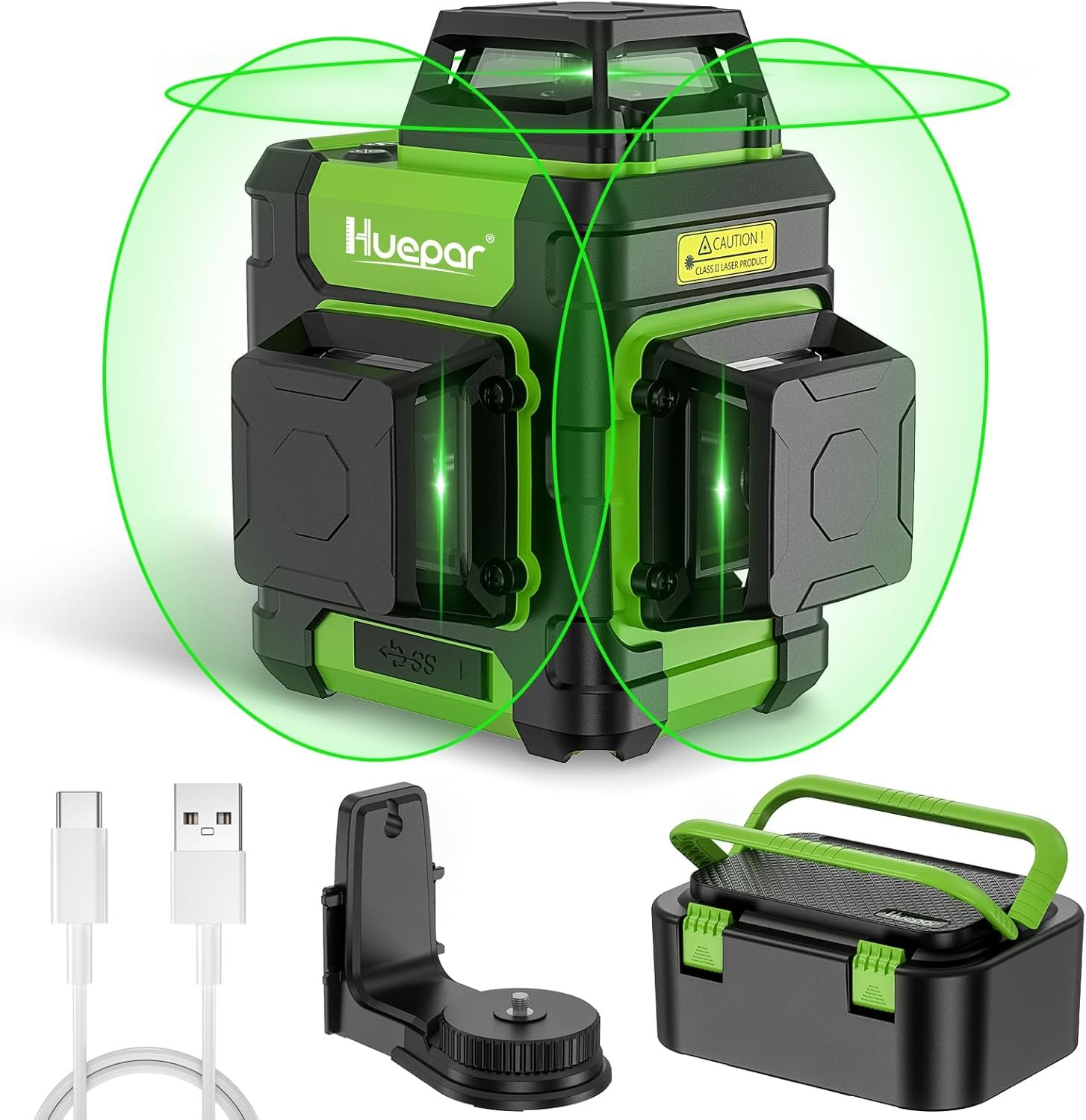 Huepar Laser Level 360 Self Leveling, Rechargeable Green Laser 3×360° Cross Line Lazer Leveler 3D Level Laser Tool for Construction and Picture Hanging, Strong Magnetic Bracket&Hard Carry Case -HM03CG