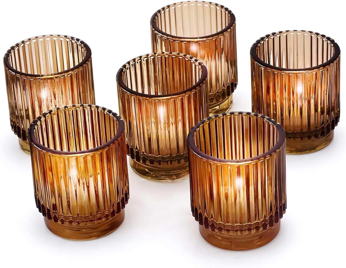 Kate Aspen Vintage Glass Tealight & Amber Votive Candle Holders (Set of 6) Rustic Fluted Candle Holder Set, Boho Home Decor, Wedding Table Centerpieces, Farmhouse Kitchen Table Decor