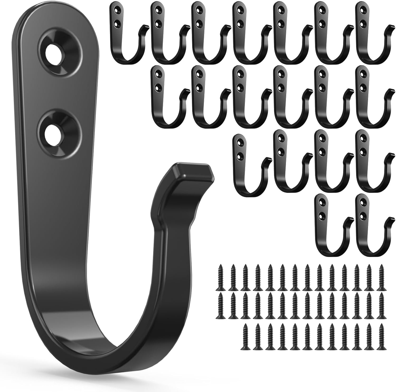 BREYDROK 20Pack Towel Hooks for Bathroom, Heavy Duty Black Metal Wall Hooks | Wall Hooks for Robe, Coat, Kitchen, Closet, Garage Organizer, Outdoor Hanging