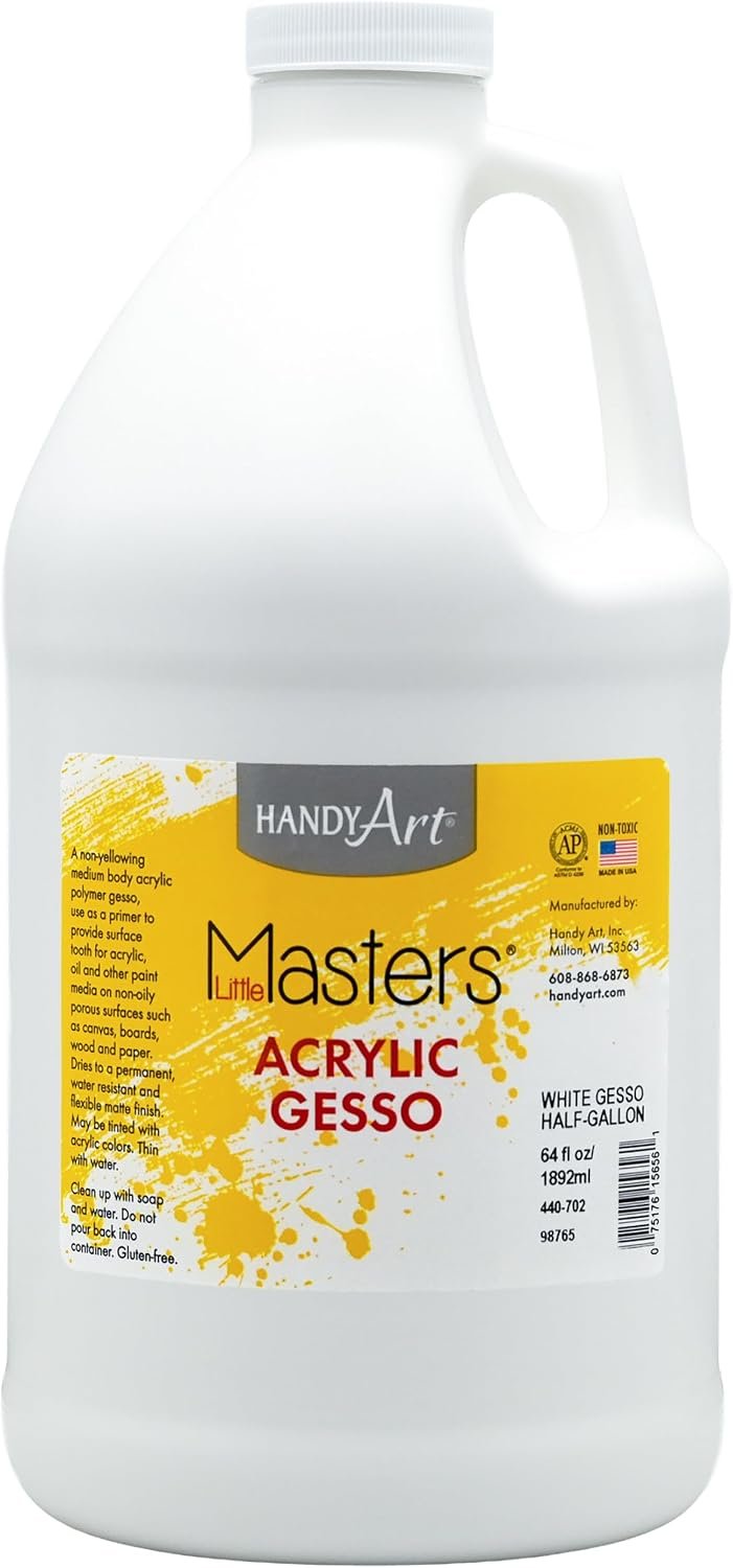 Handy Art Little Masters White Gesso, Half Gallon (64 oz) Bulk, Acrylic Primer for Canvas, Wood & More, Made in USA, AP Non-Toxic, Allergy Friendly, Prepares Surfaces for Painting
