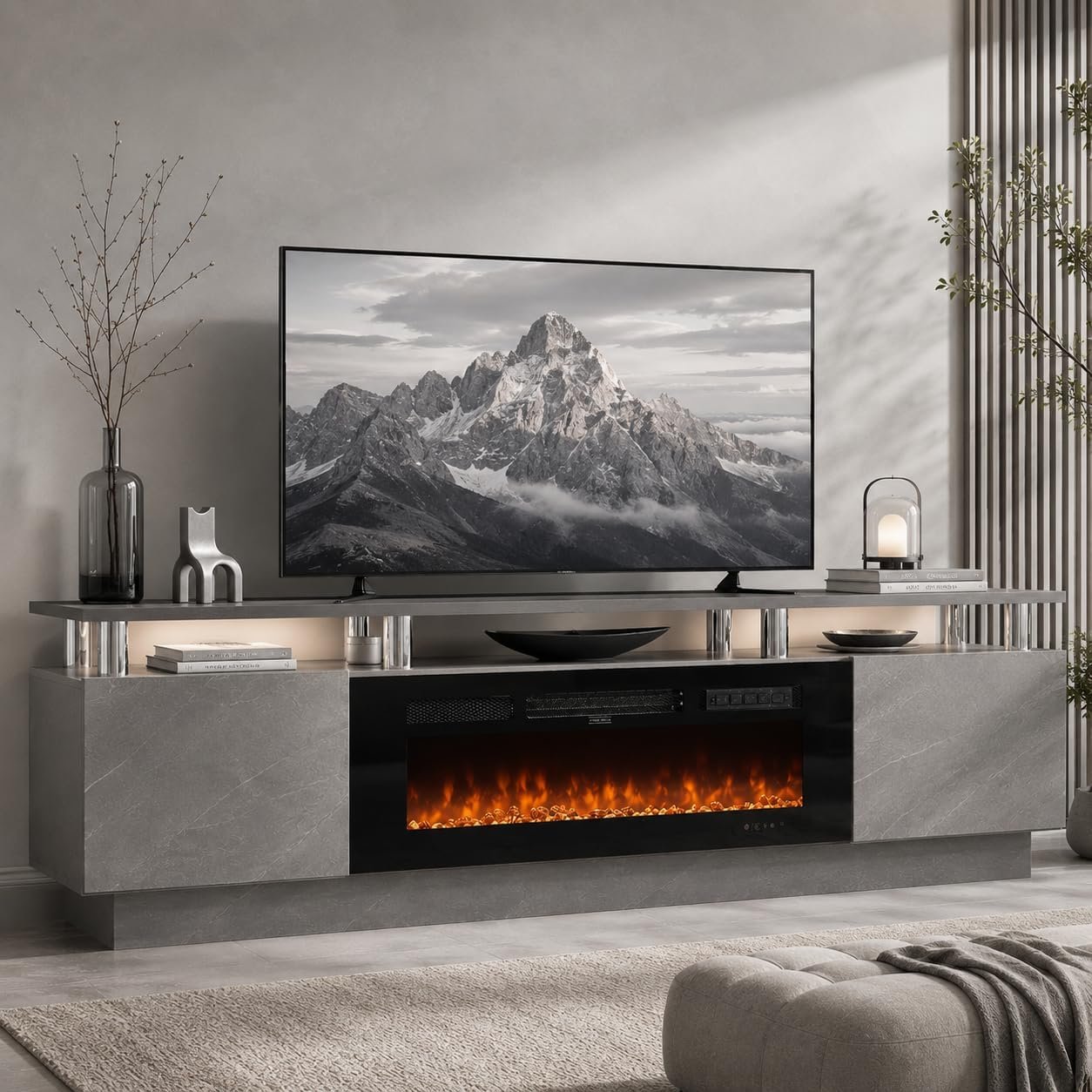 70″ TV Stand for Living Room, Entertainment Center with Storage Cabinet, Fits TVs up to 80″, Modern Media Console with Shelves, 36″ Electric Fireplace (Grey+Black)