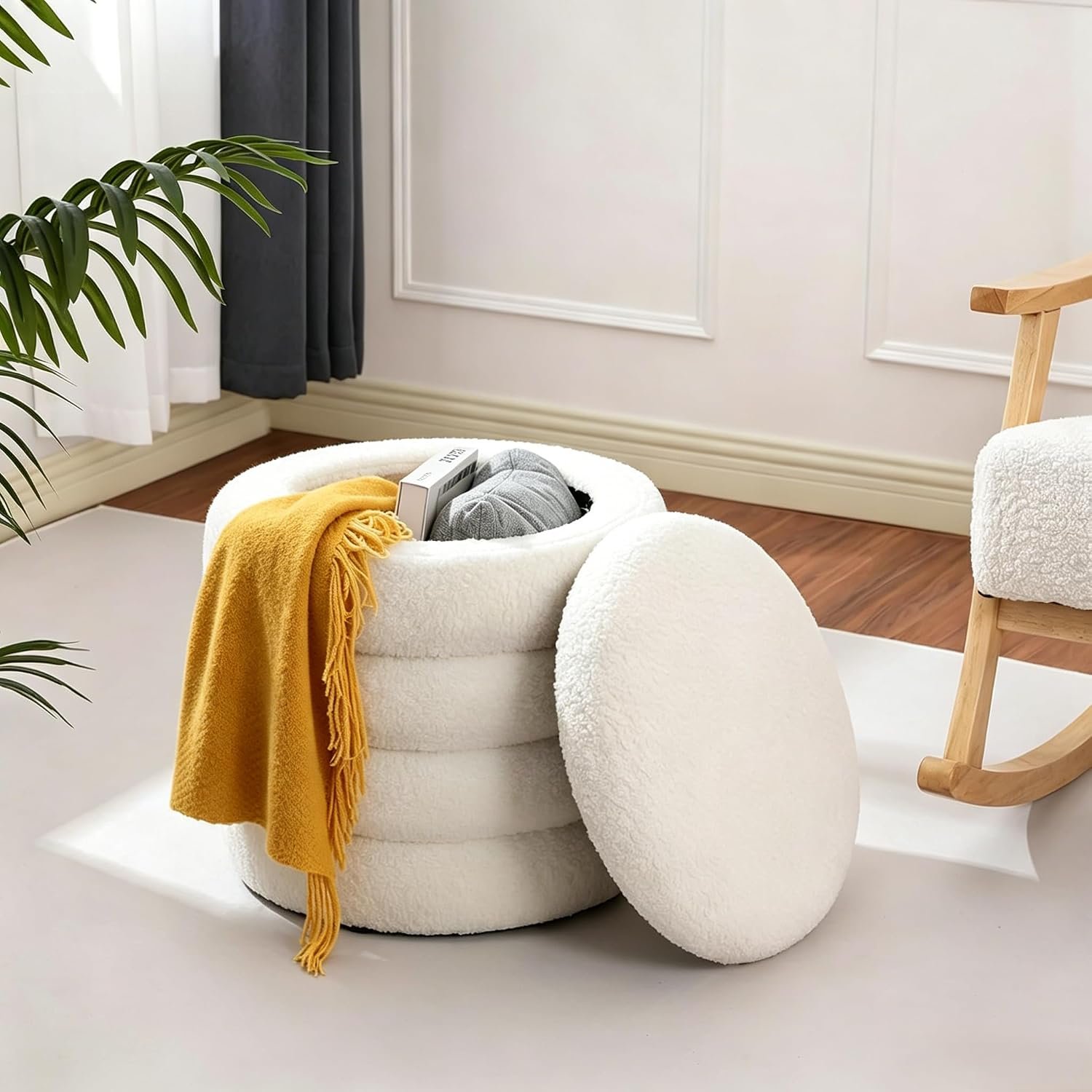 Teddy Sherpa Round Ottoman with Storage, Modern Upholstered Vanity Stool Foot Rest, Small White Boucle Storage Ottoman for Bedroom, Living Room, Entryway, Dorm