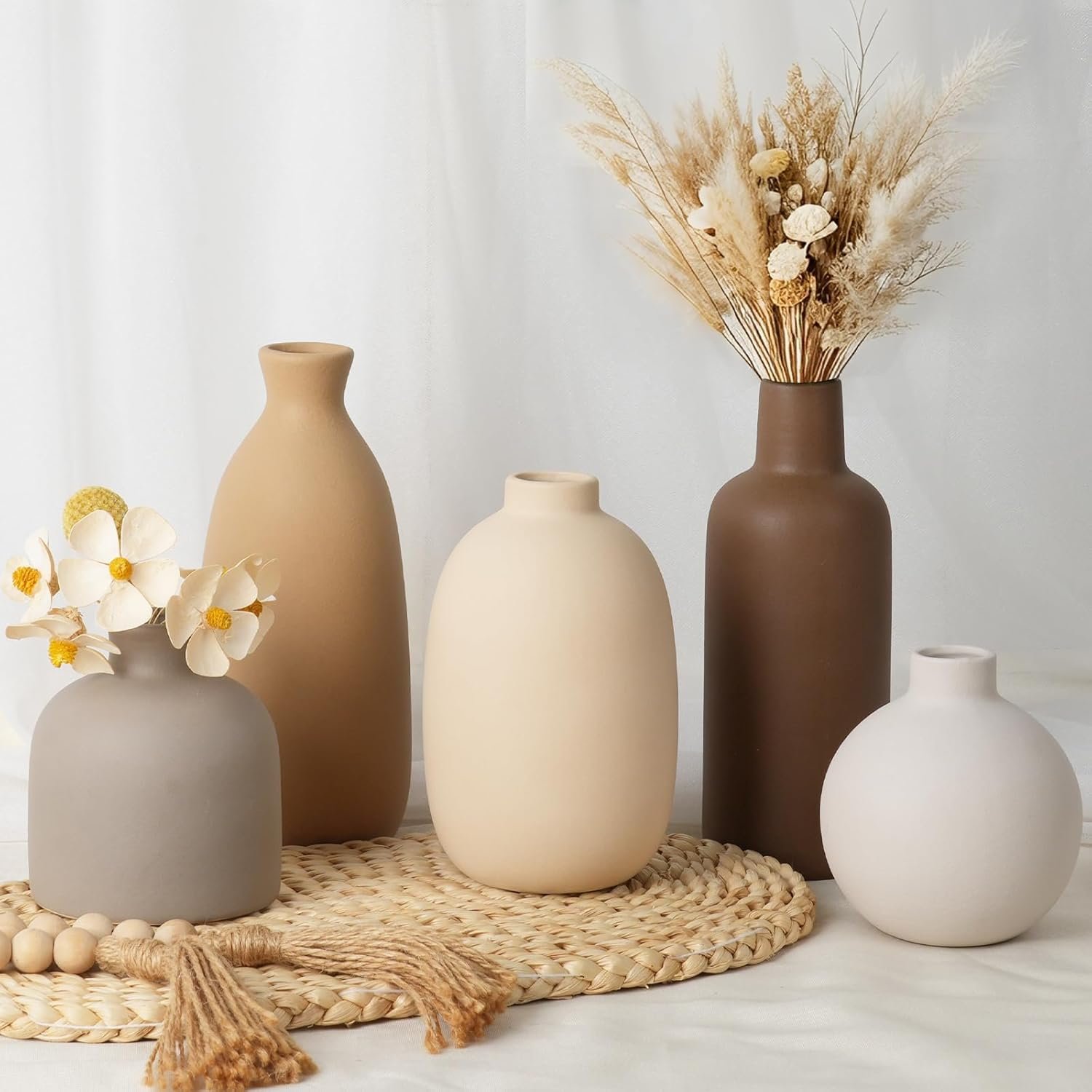 Modern Ceramic Vase Set of 5, Vases Home Decor Rustic Farmhouse Decorative | Vase Pottery Vases for Bouquet Pampas Grass Dried Fresh Flowers, Table Living Room Kitchen Bedroom