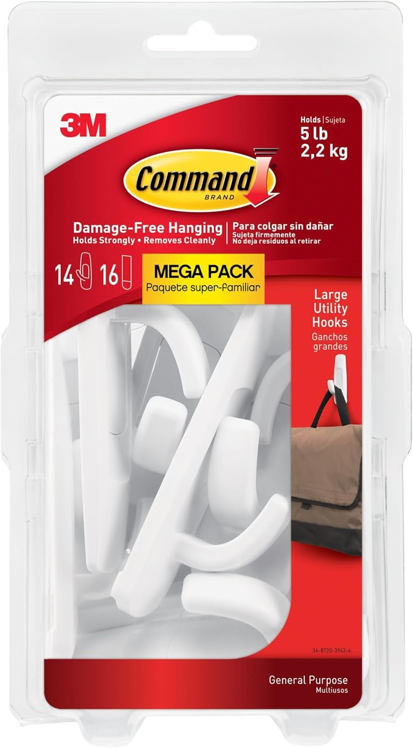 Command Large White Hooks, 14 Hooks, 16 Strips | Damage-Free Hanging Wall Hooks with Adhesive Strips, No Tools Adhesive Hooks for Hanging Decor, Holds up to 5 lb