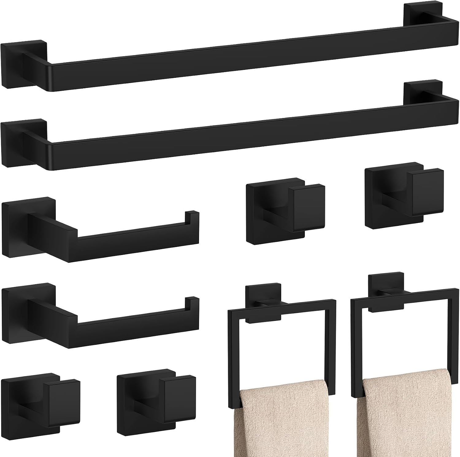 10-Pieces Matte Black Bathroom Accessories Set 23.6 Inch Towel Bar Set. | SUS 304 Stainless Steel Bathroom Hardware Set Towel Racks for Bathroom, Robe Towel Hooks, Toilet Paper Holder Wall Mounted.