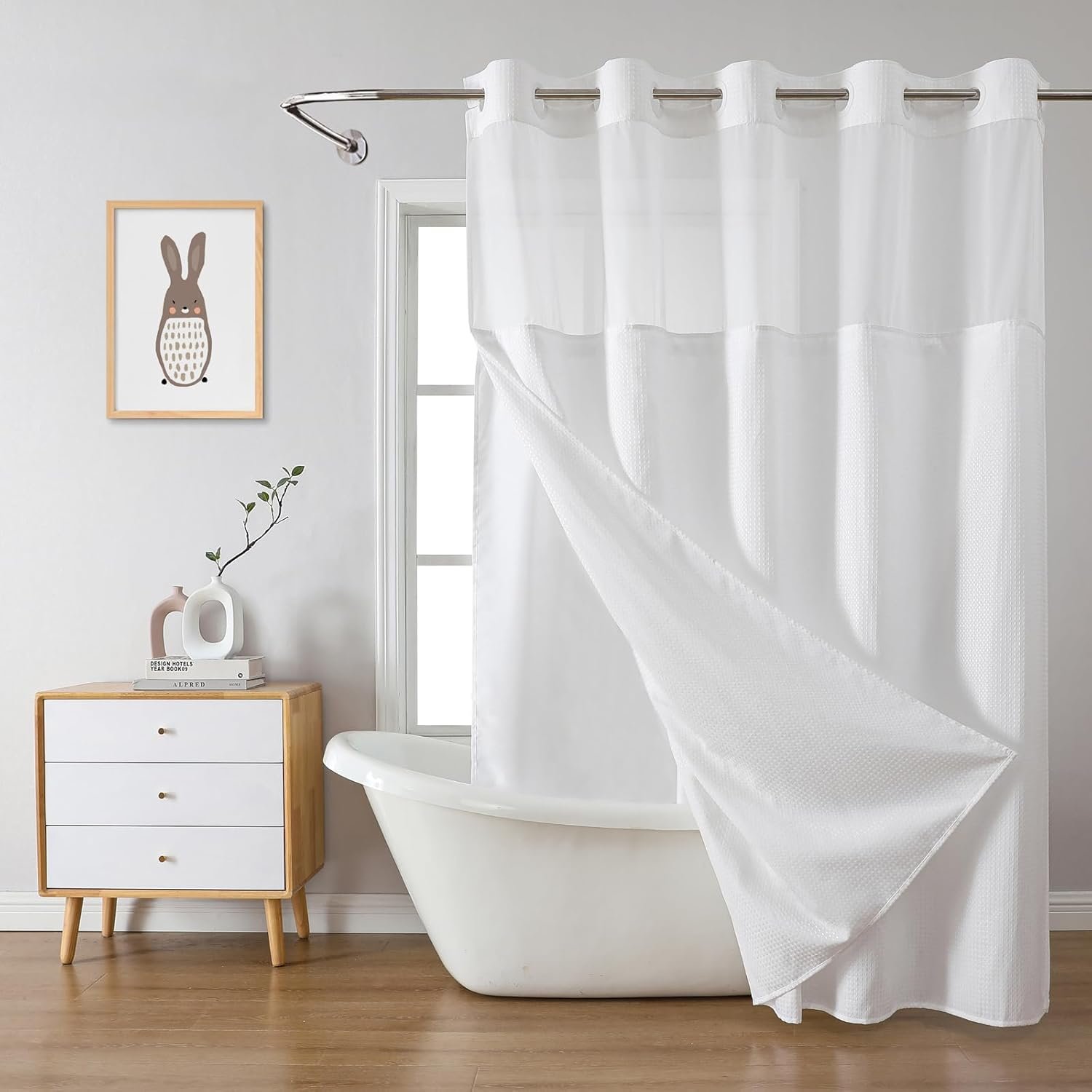 eachope No Hook Waffle Shower Curtain with Snap-in Liner, 71×74 Inch, White | 230 GSM waffle weave fabric, waterproof liner set with 2 bottom magnets, mesh top window, washable, for bathroom or hotel use