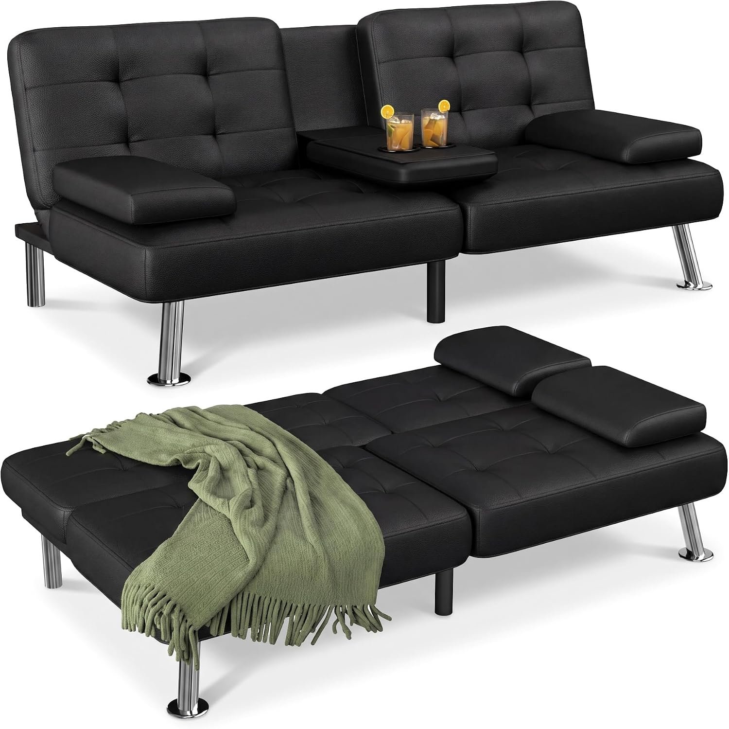 Flamaker Futon Sofa Bed, Black Faux Leather Convertible Loveseat Couch | Modern Adjustable Folding Futon Set with 2 Cup Holders & Removable Armrests, Recliner Lounge for Living Room & Apartment