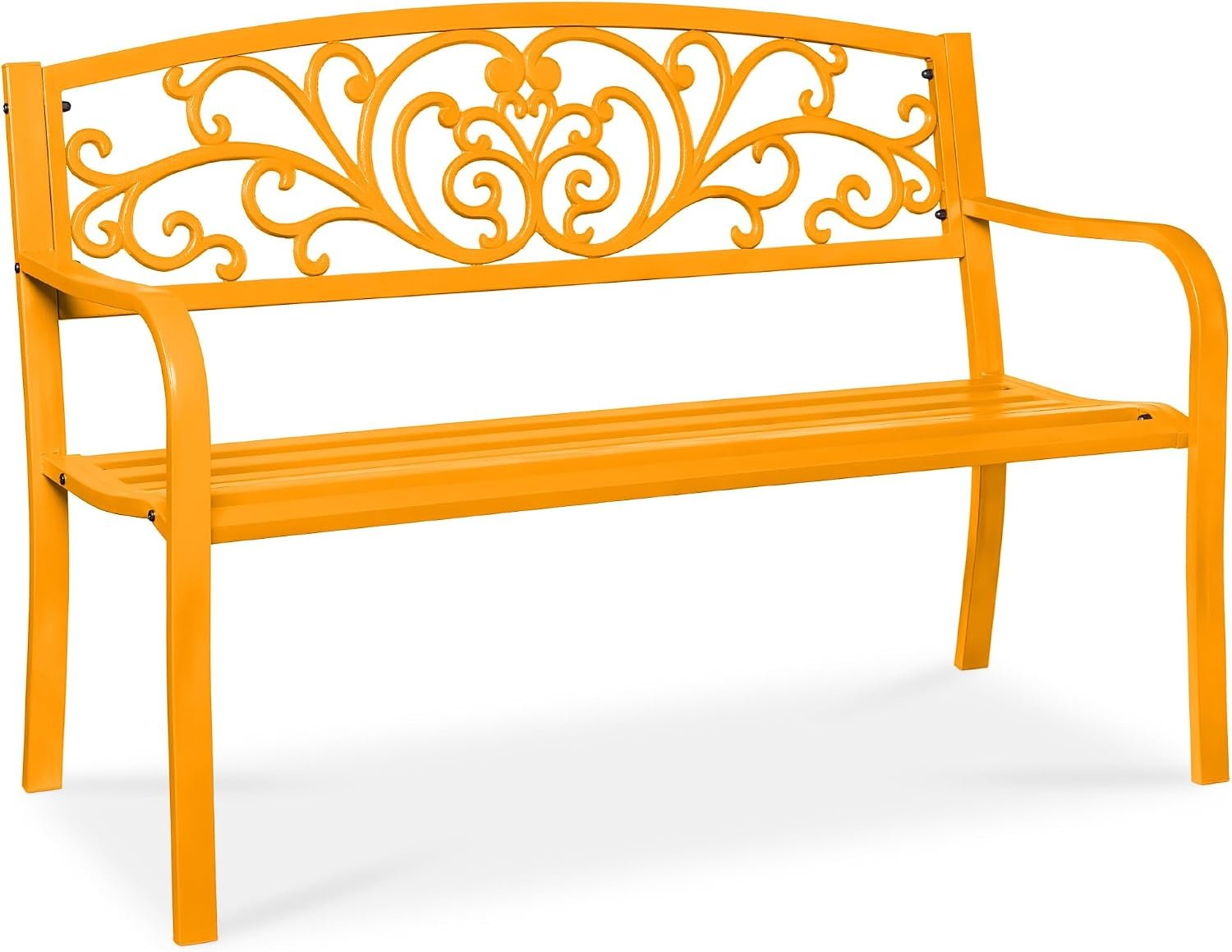 Best Choice Products Outdoor Bench Steel Garden Patio Porch Furniture for Lawn, Park, Deck w/Floral Design Backrest, Slatted Seat – Marigold