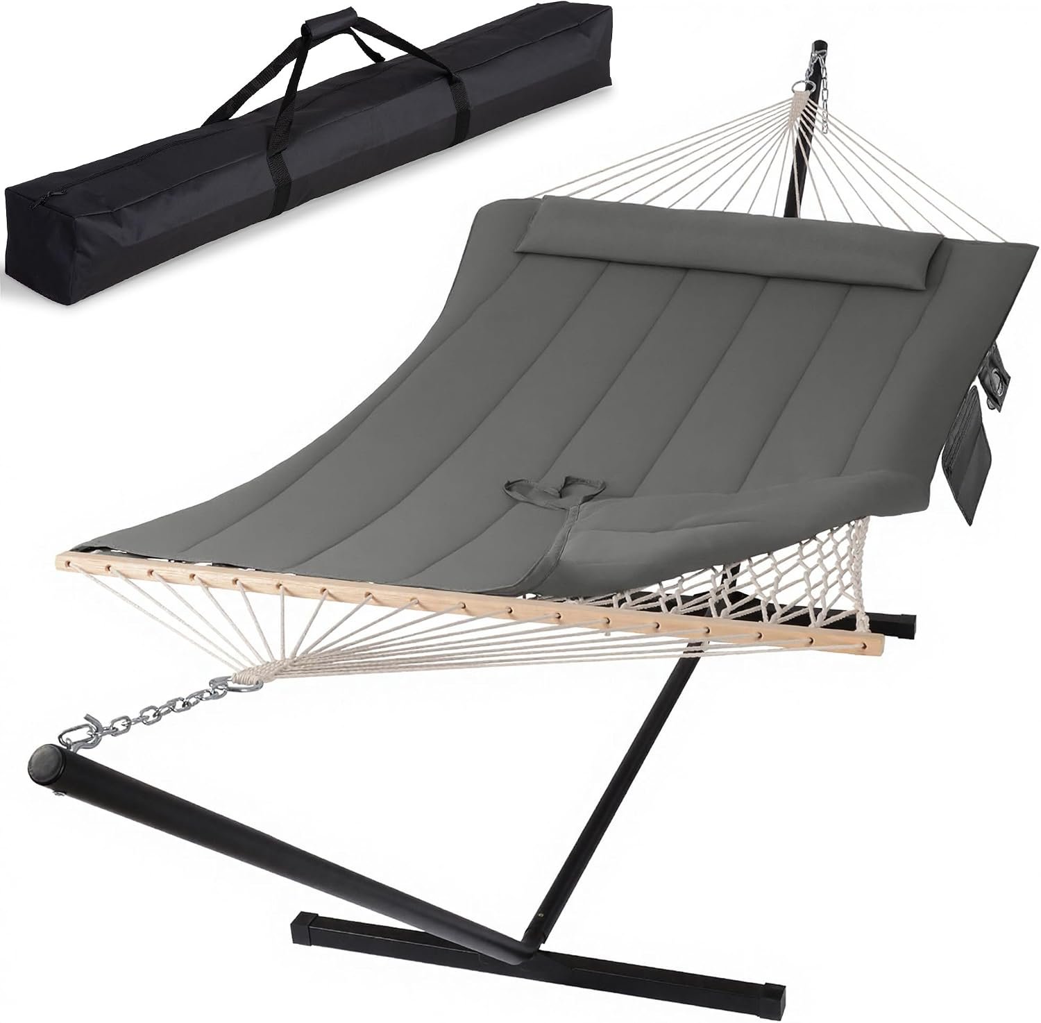 Double Outdoor Hammock with Stand, Carrying Bag, Dark Gray | Two Person Cotton Rope Hammock with Polyester Pad