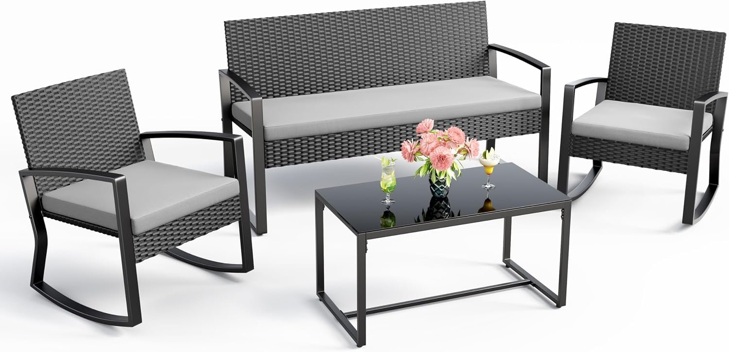 4 Piece Outdoor Patio Furniture Set, Wicker Patio Furniture with Glass Coffee Table, Rocking Wicker Bistro Set, for Backyard, Poolside, Porch (Grey) | Wicker Patio Furniture with Glass Coffee Table, Rocking Wicker Bistro Set, for Backyard, Poolside, Porch