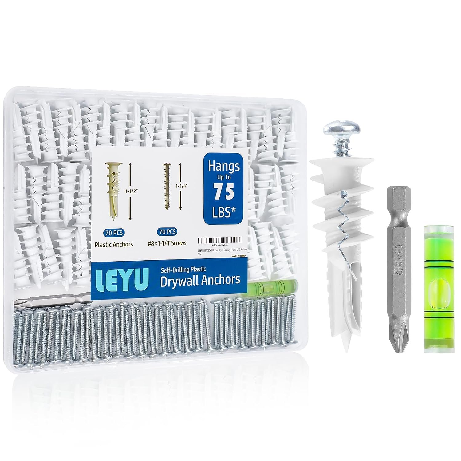 LEYU 140PCS Self Drilling Drywall Anchors and Screws Kit #8 x 1-1/4”, Heavy Duty Sheetrock Anchors for Hanging Shelves,Picture Frames,Curtains, No Pre-Drilling, Plastic Dry Wall Anchors