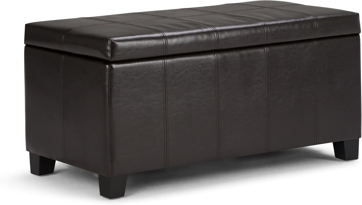 SIMPLIHOME Dover 36″ Wide Vegan Leather Storage Ottoman in Tanners Brown | Contemporary ottoman with lift-top and safety hinges; upholstered rectangle storage bench for living room and entryway.