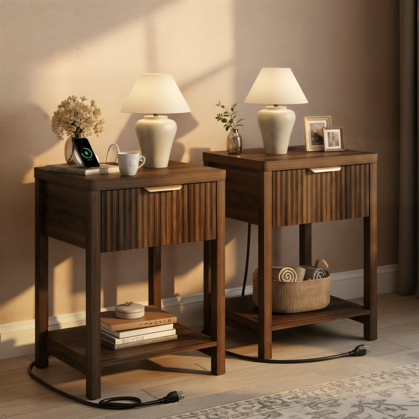 Night Stand Set 2, Fluted Wood Nightstands w/Charging Station for Bedroom | Walnut, Storage Drawer, Open Shelf, Metal Silent Rails, Round Corners, Modern Fluted Panel, Living Room, Bedside Table