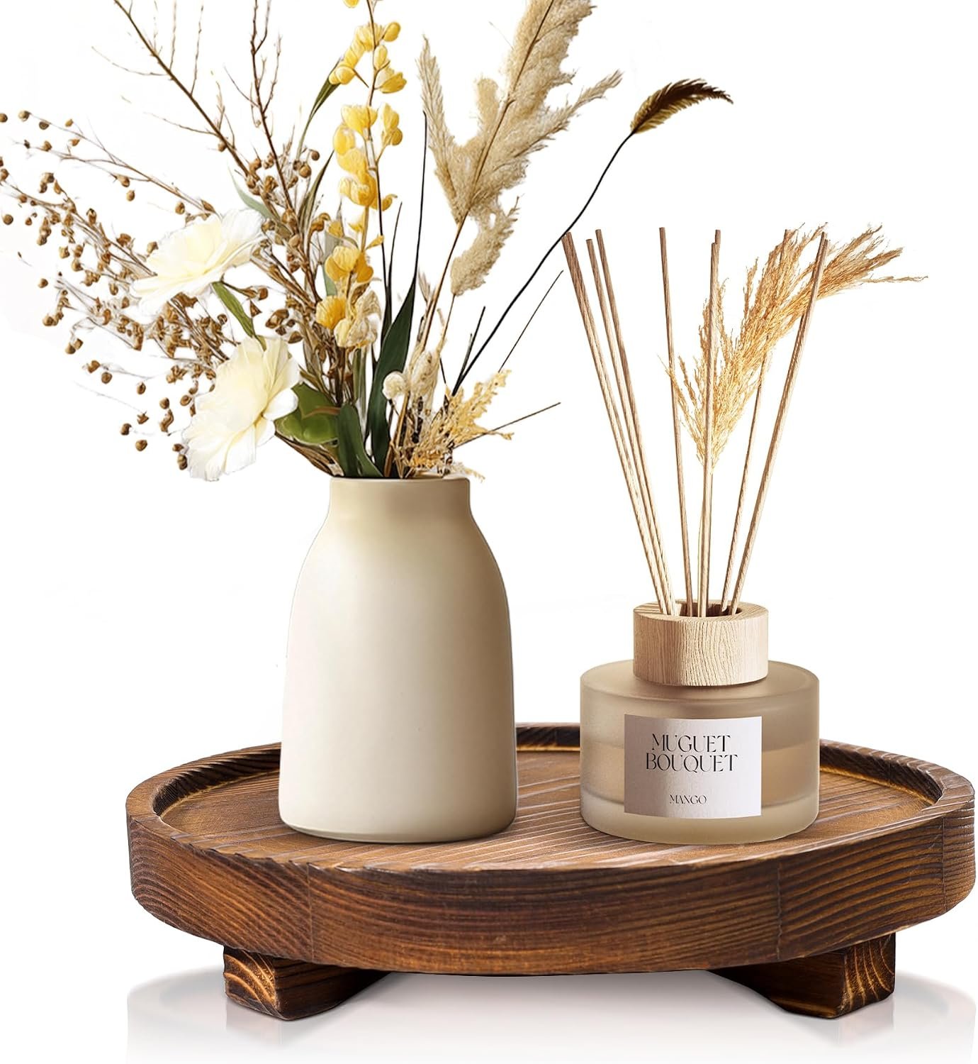 DEBETOOL Round Rustic Wood Decorative Tray | Farmhouse Bathroom Counter Tray & Decor, Wood Riser for Soap, Perfume, Candle & Potted Plants