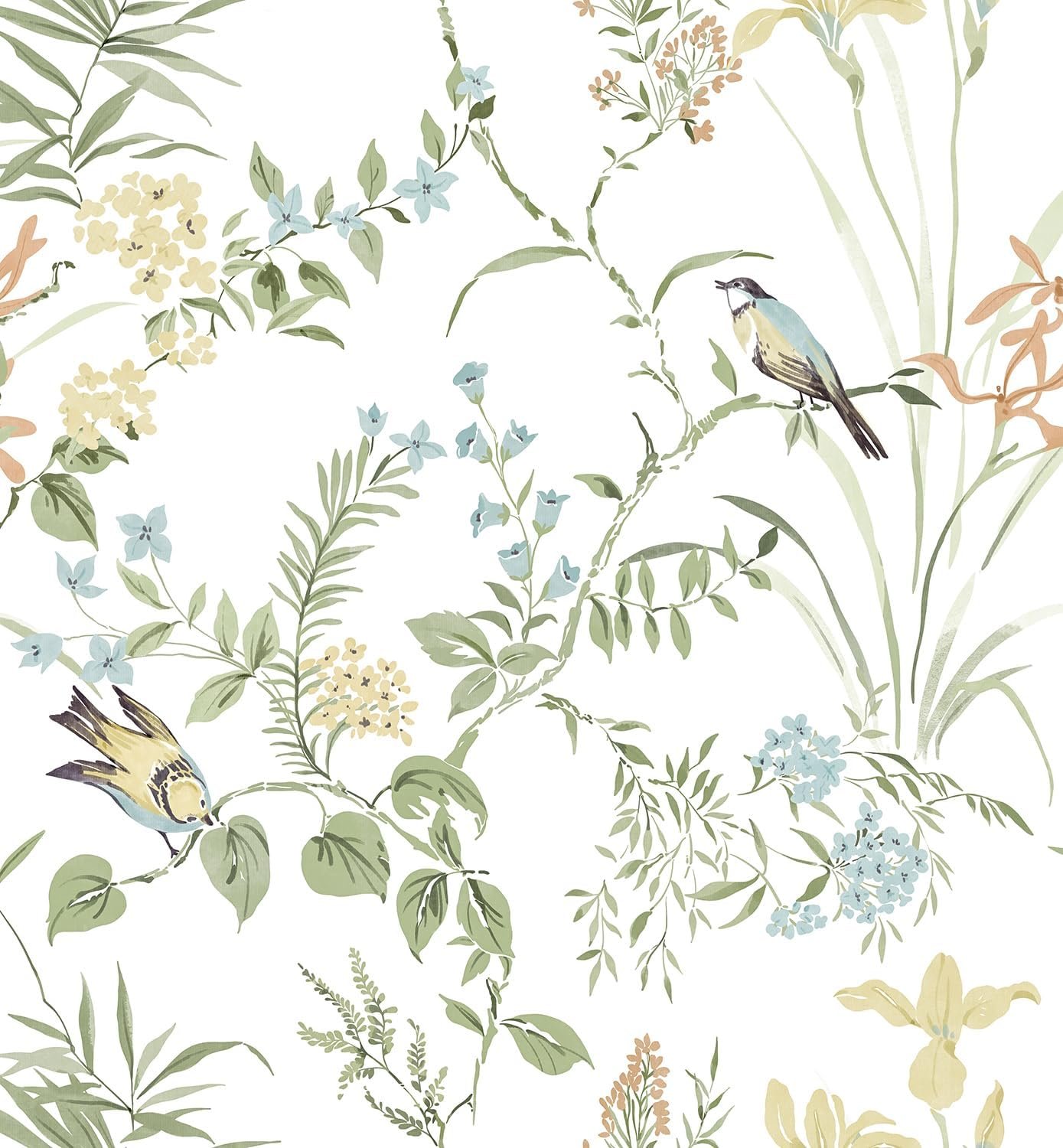 Erfoni Boho Floral Peel and Stick Wallpaper Green Floral Birds Wallpaper | 16.9″ x118″ DIY Self Adhesive Removable Wallpaper for Livingroom Cabinet Decor Modern Flower Leaf Contact Paper Vinyl Roll