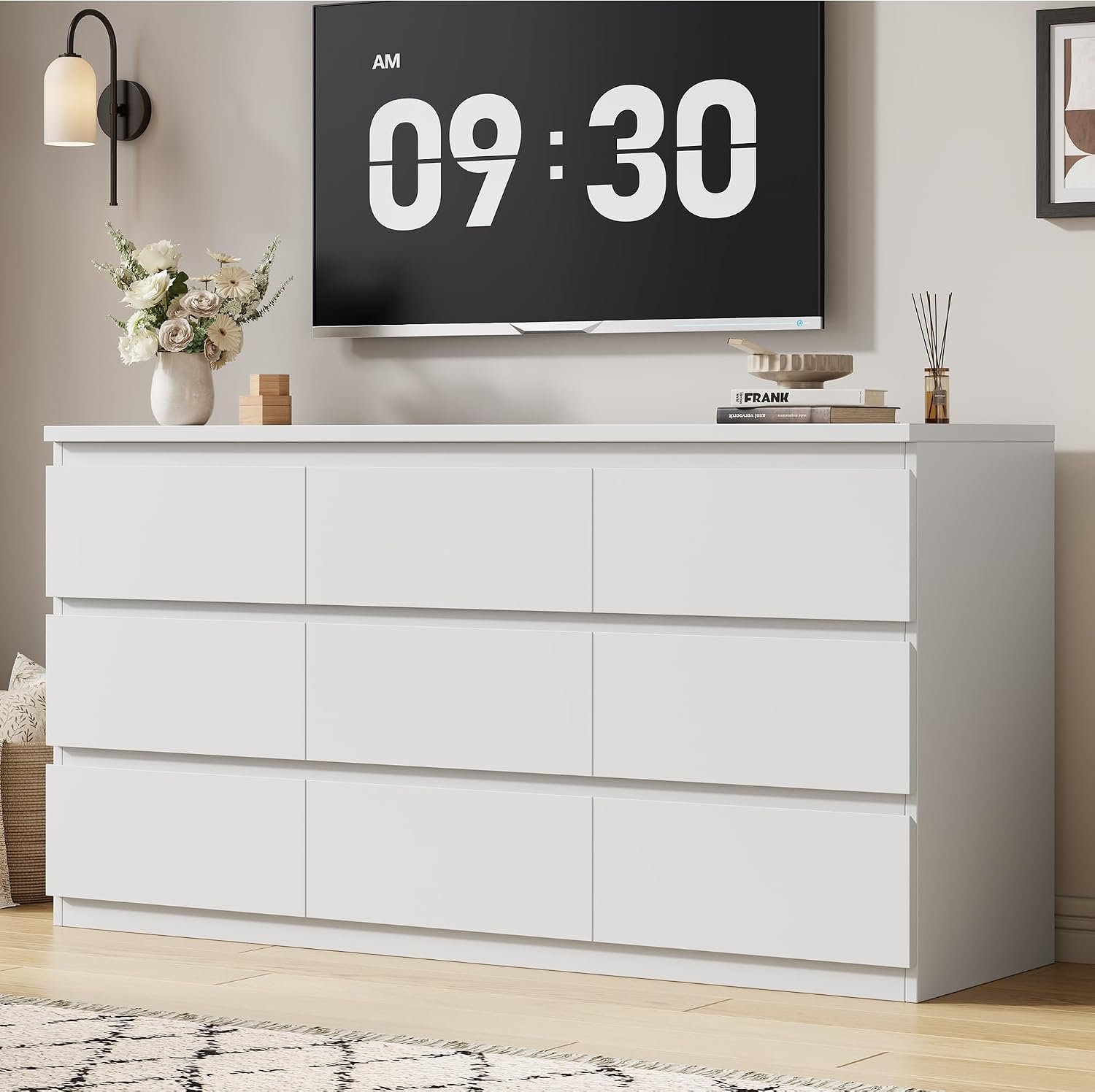 White 9 Drawer Dresser for Bedroom,Modern Wood Dressers & Chest of Drawers with No-Handle Design, Long Dressers for Closet Living Room,Nursery,Hallway (59.06 * 32.28 * 14.57 in)