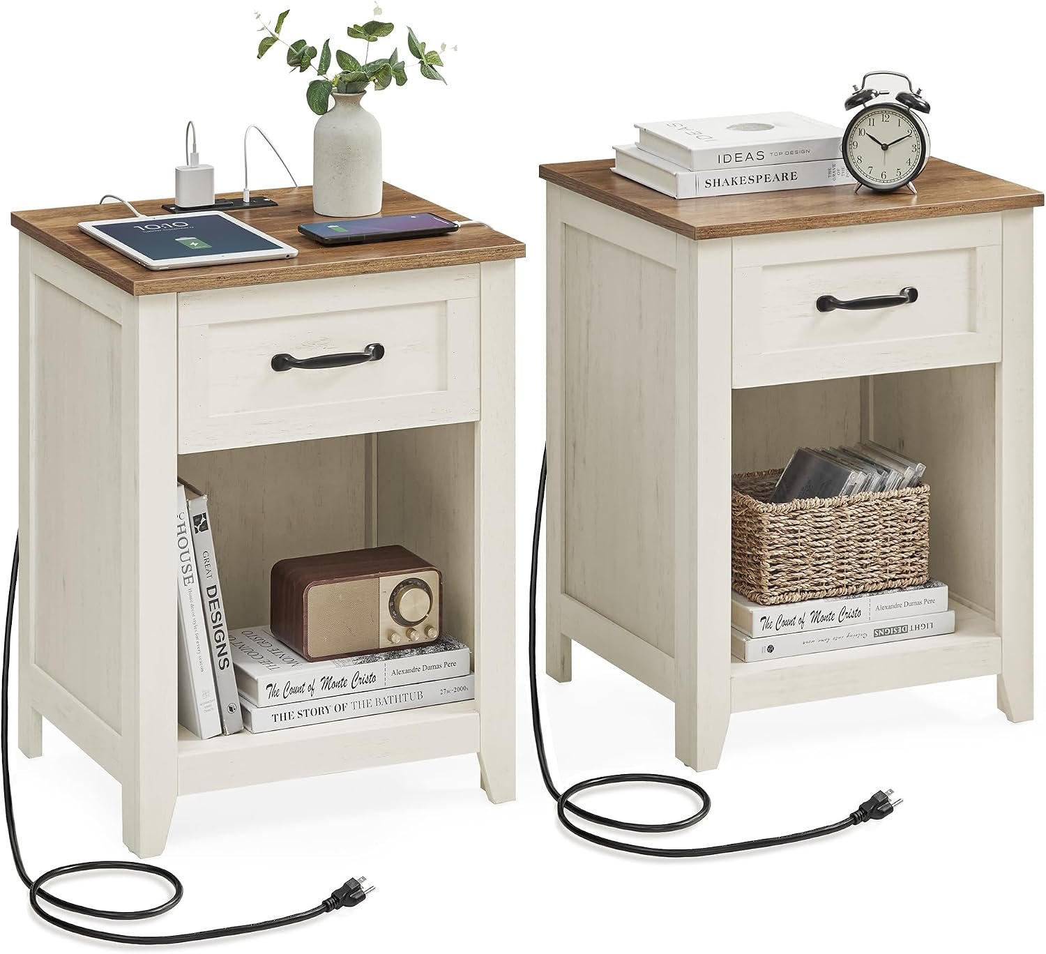 VASAGLE Farmhouse Nightstands with Charging Station, 1 Drawer, Set of 2 | Bedside Table, Side Table with Open Compartment, for Bedroom, Rustic White and Honey Brown, LIRY Collection ULET859K41