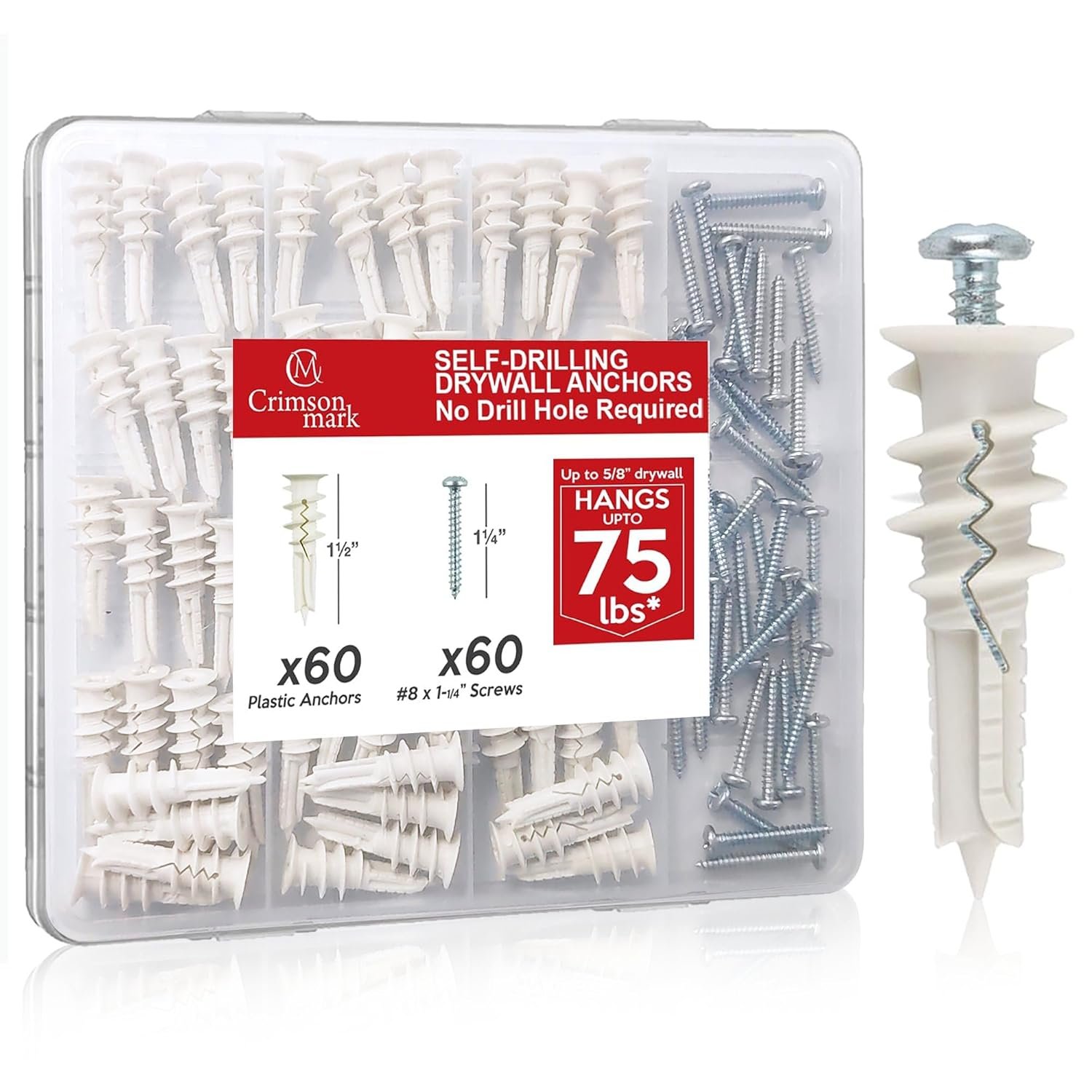 120Pcs #8 Self Drilling Drywall Anchors and Screws Kit | #8 x 1-1/4″ Superb Wall Anchors Hold Up to 75lbs, No Drill Hole Required for Drywall Screws & Anchors Installation
