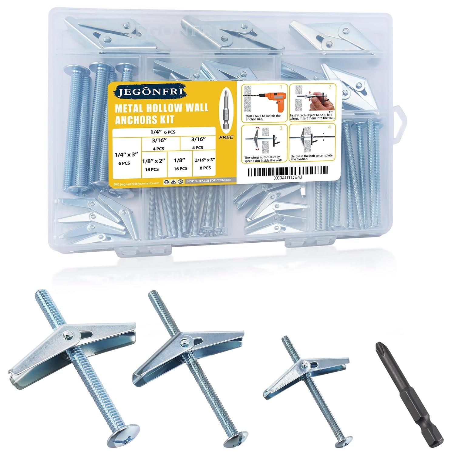 Toggle Bolts for Drywall 30 Sets, 3 Sizes Hollow Wall Anchors Kit with Bit | Heavy Duty Carbon Steel Withstands Rust, Wing Nuts Open Behind Wall for Even Hold, Ideal for Ceilings, Shelves & Lights