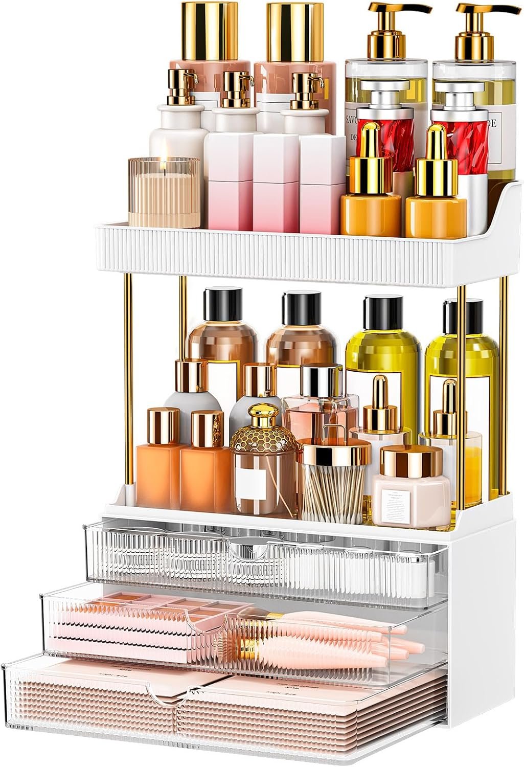 3-Drawer 2-Tier Acrylic Makeup & Bathroom Vanity Organizer | Clear,3 smooth drawers, 2 open shelves, dustproof, wipe clean, for large skincare, perfumes, lipsticks, dresser, counter