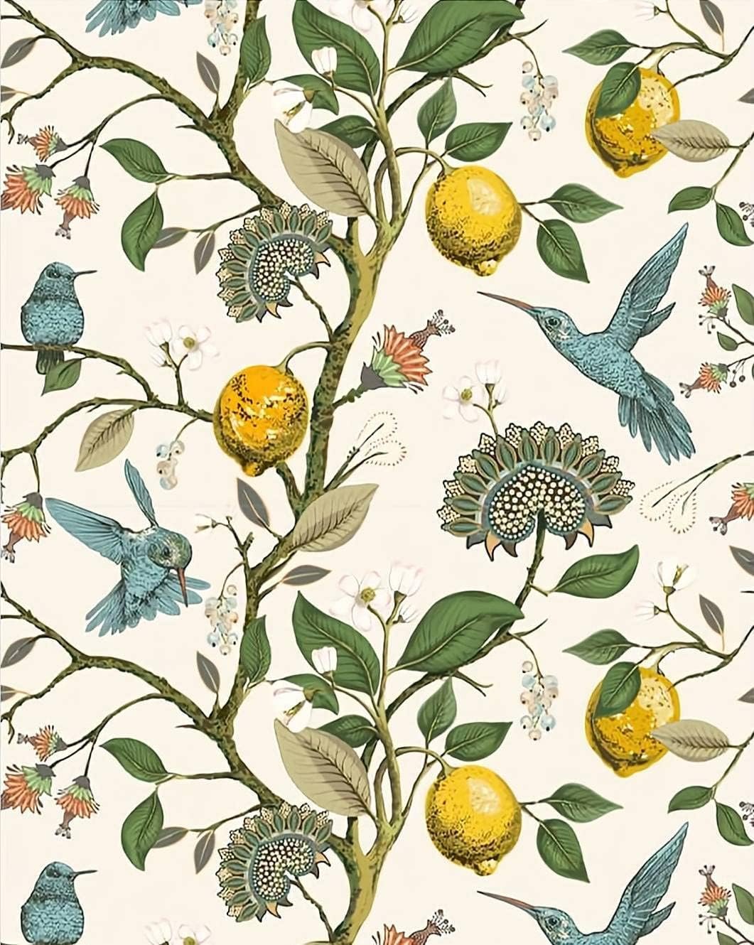 Blue Bird Wallpaper Fresh Lemon Tree Peel and Stick Wallpaper | Vintage Botanical Bird Fruit Self Adhesive Wall Paper Removable Waterproof Prepasted Contact Paper Wall Mural 17.7in x 9.8ft