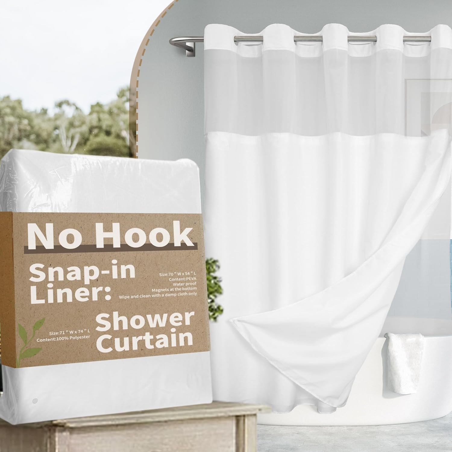 River Dream No Hook Shower Curtain with Snap-in Liner Set, White, 71×74 | Snap on Waterproof PEVA Liner, See Through Top Window, Slub Textured, Hotel Style Shower Curtain Set, Standard Size