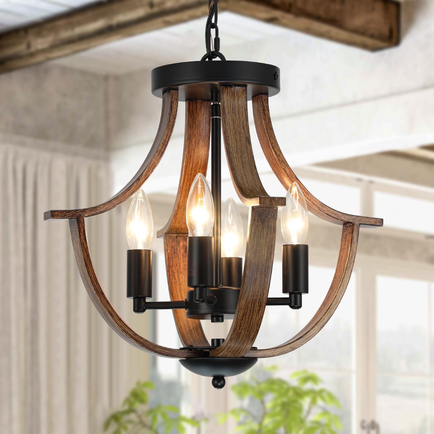 LAMPKEDUO Farmhouse Hanging Pendant Lighting, 4-Light Rustic Flush Mount Ceiling Light Fixture,Modern Faux Wood Vintage Chandelier for Dining Room Kitchen Island Foyer Hallway Entryway Bedroom