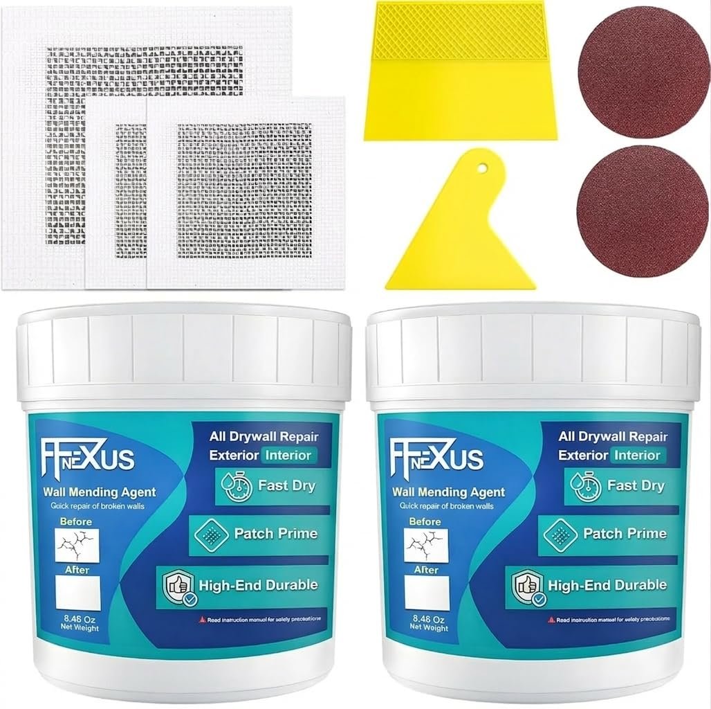 Drywall Repair Kit, 2 Putty Jars with Wall Patches, Scrapers & Sandpaper | 2×8.47 oz putty jars, 2×2 & 4×4 in mesh patches, small & large scrapers, 2 sandpapers, for drywall & plaster repair