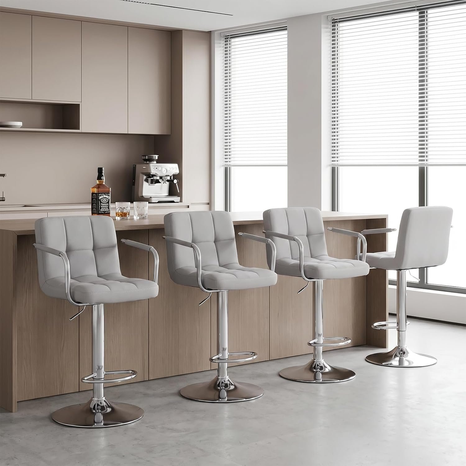 Bar Stools Set of 4, 24-26” Adjustable Swivel Bar Chairs, Grey | PU Leather Counter Height Barstool with Back Support & Armrest for Kitchen Island, Dining Room