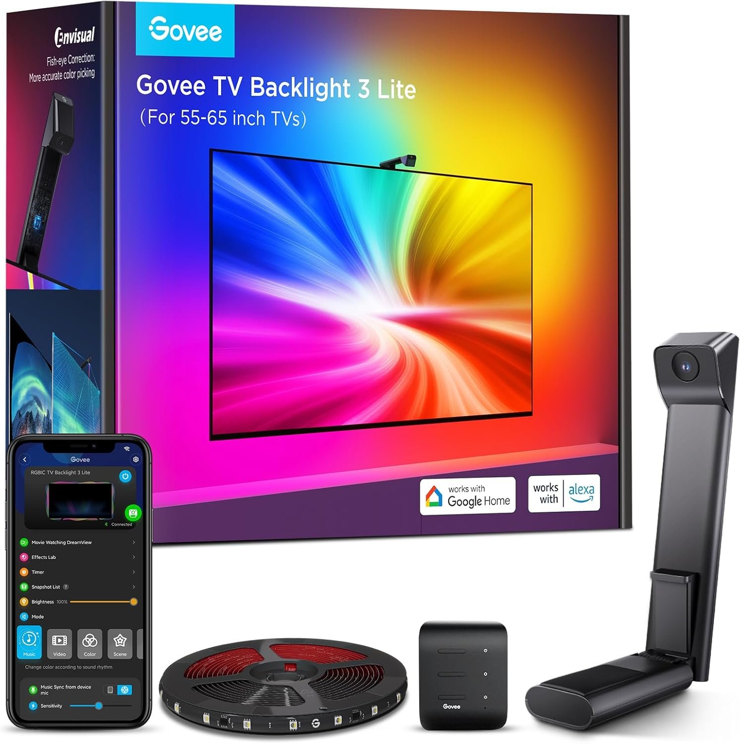 Govee TV Backlight 3 Lite, 11.8ft LED Strip Lights Sync with 55-65 Inch TVs | Upgraded Camera with Fish-Eye Correction Function, RGBICW Screen Sync Lighting, 4 Colors in 1 Lamp Bead, Voice & APP Control