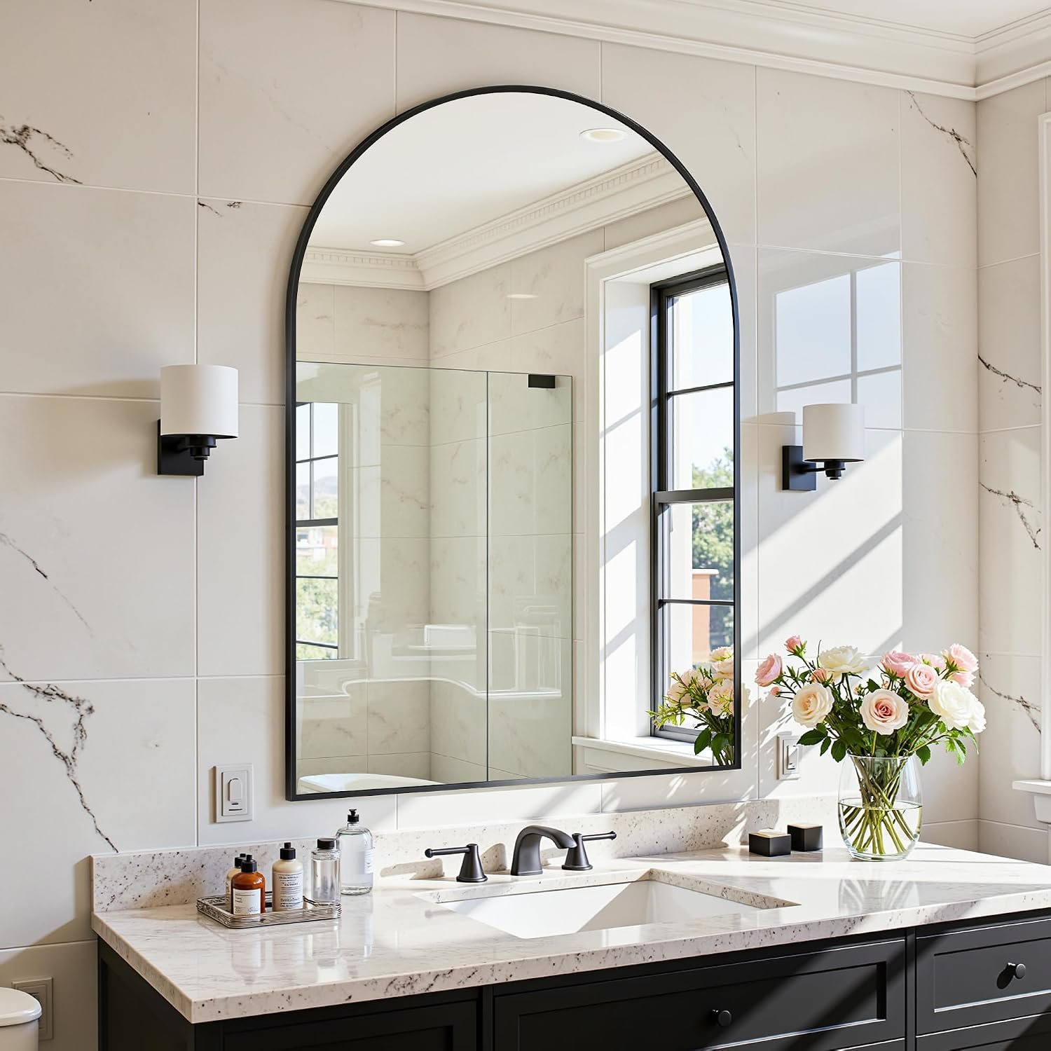 Antok Arched Bathroom Mirror, 20″x30″ Wall Mounted Mirror, Vanity Mirrors for Over Sink, Aluminum Alloy Frame Bathroom Mirrors Living Room, Bedroom and Entryway, Black