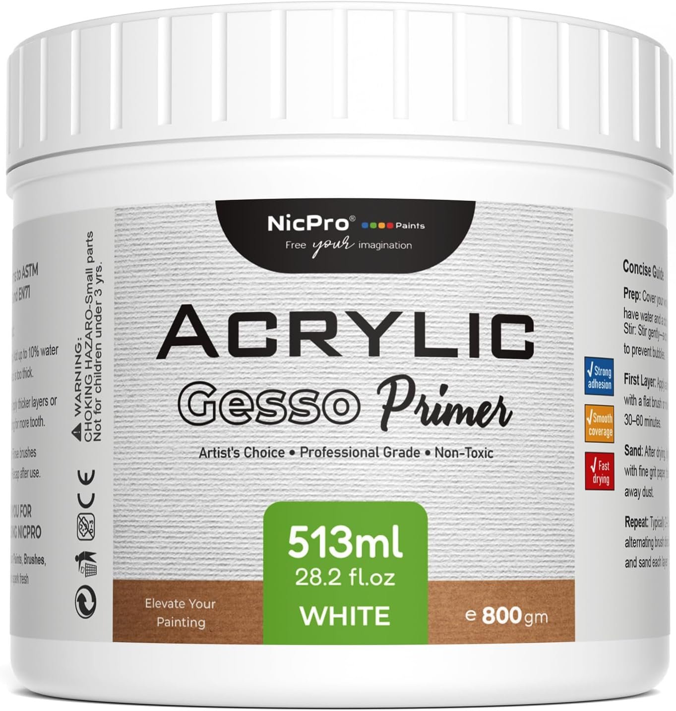 Nicpro White Heavy Gesso Primer for Acrylic Painting(28.2Oz / 834ML) | Excellent Coverage Surface Prep Medium for Oil Paint & Acrylic Paint, Mixable Gesso Primer for Canvas, Wood, Paper, Plastic